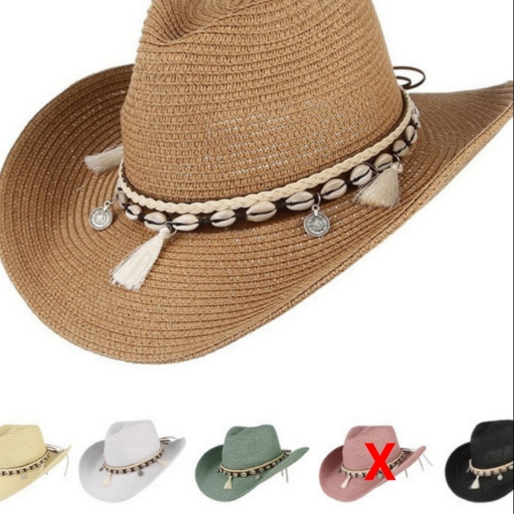 Unisex Straw Weave Western Beach Sun Hat Cowrie Cowry Shells Tassels Black Boho - Picture 13 of 14